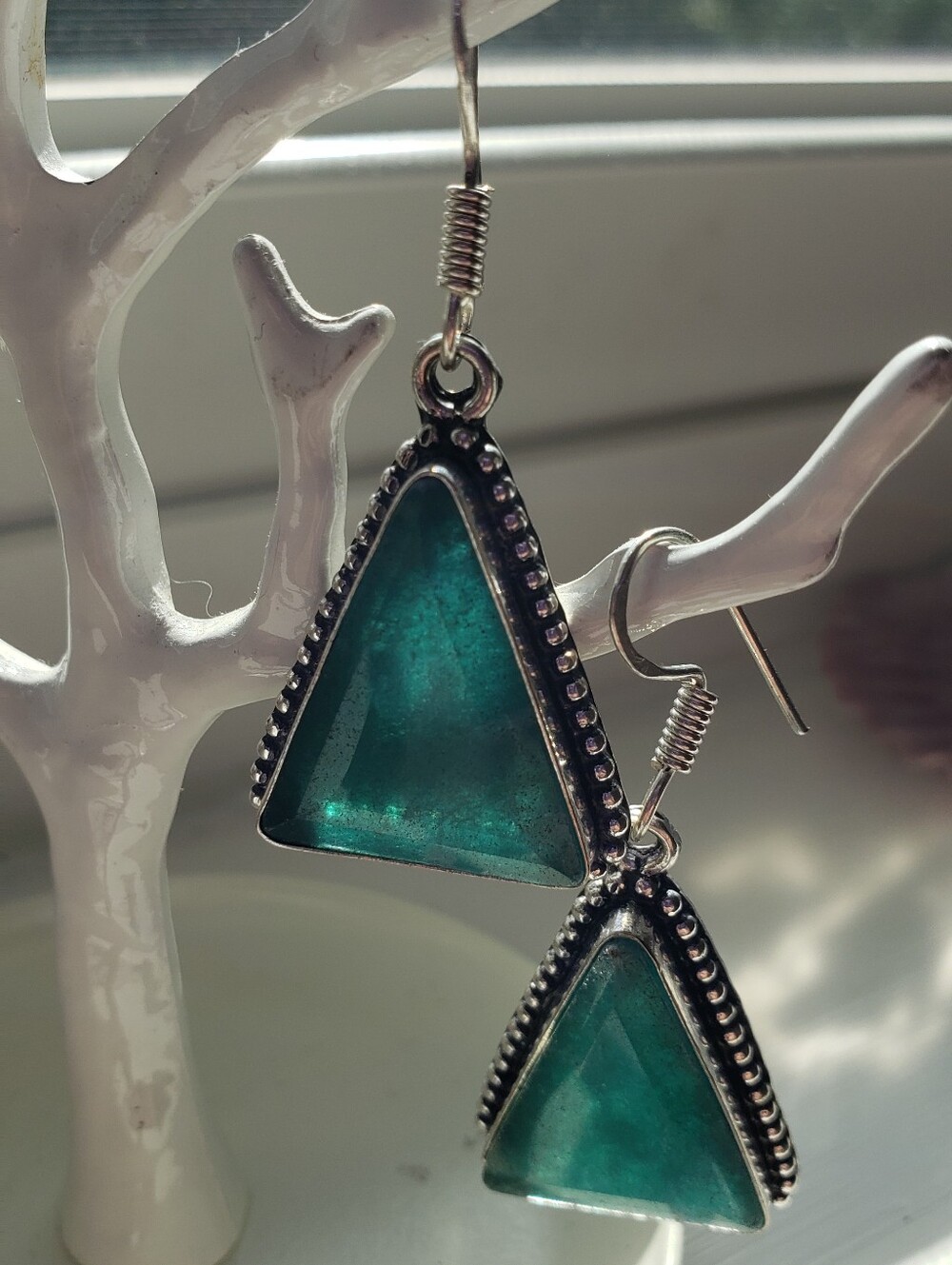 Emerald Earrings--925 Stamped Silver Triangular W/Bead Trim, Silver French Wire
